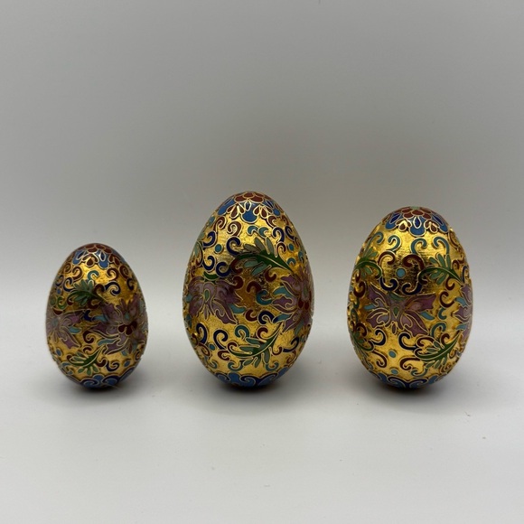 Other - Set Of 3 Vintage Enamel Painted Cloisonne Floral Eggs Floral